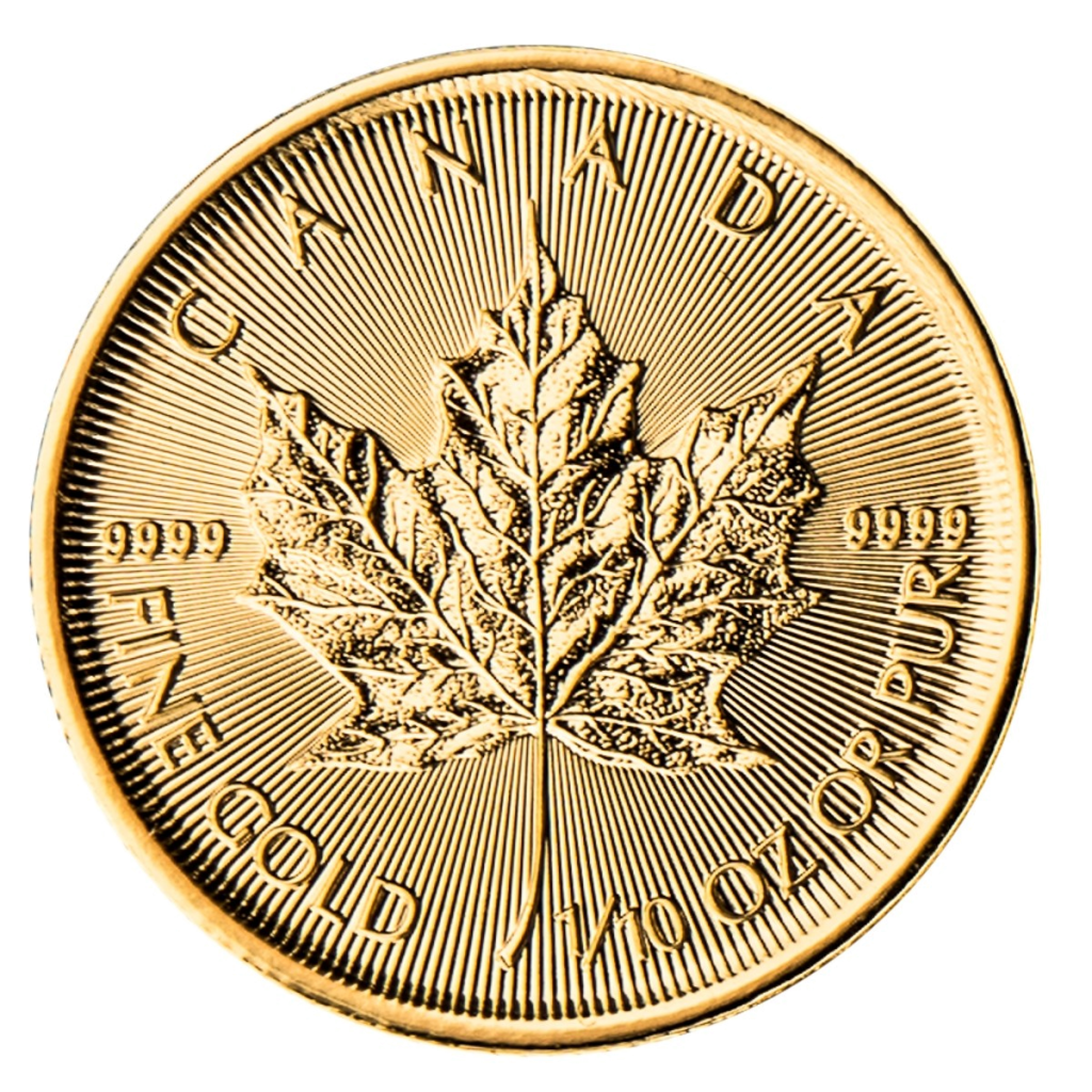1/10 oz Canadian Gold Maple Leaf Coin Border Gold
